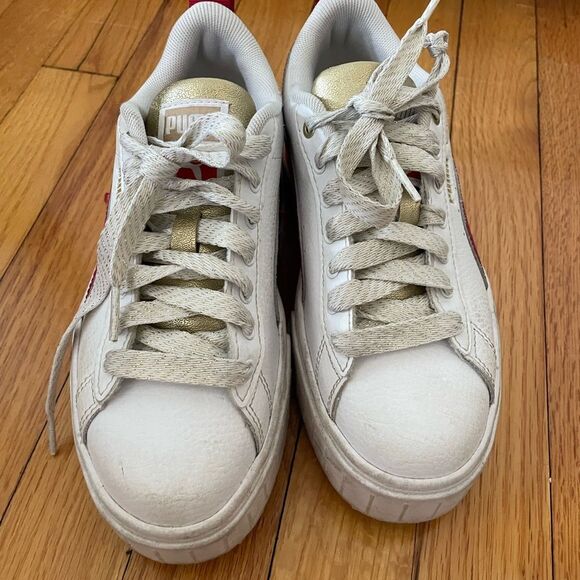 Puma Big Kids Size 4 Mayze Glitz Platform Sneakers White Gold Red - Picture 3 of 9